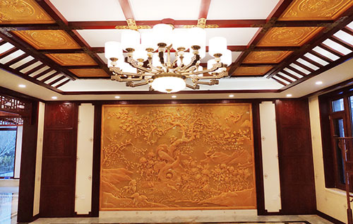 梧州中式别墅客厅中式木作横梁吊顶装饰展示